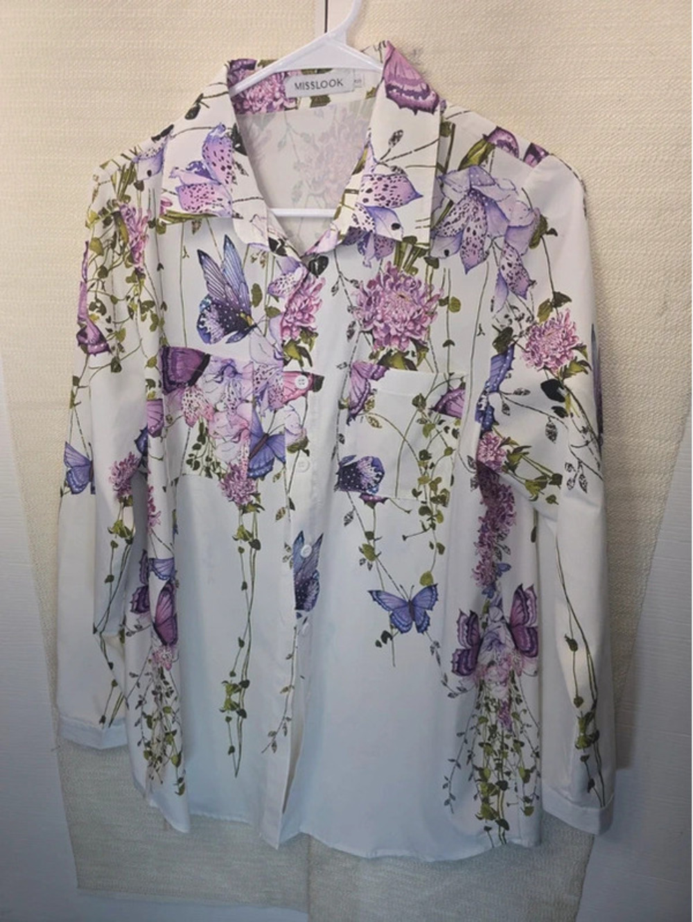 Misslook Purple Floral & Butterfly Long Sleeve Button Down Blouse Size Small
